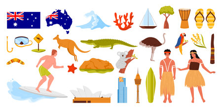 Travel to Australia, tourism set. Australian culture and famous landmark, people and landscape stickers collection, flag and map of country, architecture and animals cartoon vector illustrationのイラスト素材