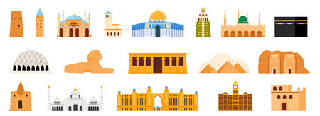 Historic and cultural buildings set from the Middle East and Ancient Egypt, including mosques, pyramids, temples, and towers. Showcases architectural and religious heritage vector illustration.のイラスト素材