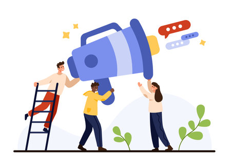 Diverse group of individuals showcasing their collaborative spirit, highlighting teamwork and communication with a megaphone to achieve shared goals vector illustrationのイラスト素材