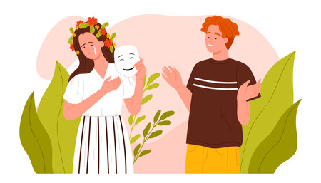 Hide real emotions and feelings in conversation, fake happy mood in dishonest talk. Sad girl with flowers on head holding mask to pretend to be happy in front of friend cartoon vector illustrationのイラスト素材