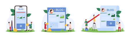 Author content creation, monetization of creative blog articles set. Tiny people make money on attracting audience, holding pencil and pen to create text, thumbs up cartoon vector illustrationのイラスト素材