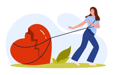 Bad relationship and divorce, separation problem, heartbreak and frustration, psychology. Heartbroken sad girl tied with rope to broken heart with crack, woman feeling pain cartoon vector illustrationのイラスト素材