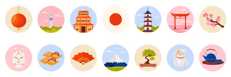 Travel to Japan set of round stickers with Japanese culture elements, landmarks and nature. Maneki Neko and ancient shrine, tea ceremony and sakura blossom, bonsai tree cartoon vector illustrationのイラスト素材