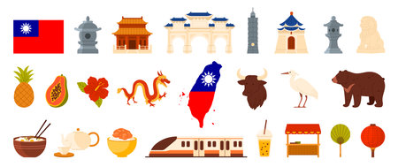 Taiwan travel landmarks set, tourist attractions and Taiwanese culture elements, food of country. Confucius Temple and Liberty Square Arch, Taipei Tower, Fu dog stone lion cartoon vector illustrationのイラスト素材