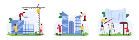 Construction and renovation of buildings, urban architecture set. Tiny people build house with construction crane according to blueprint project, repair modern building cartoon vector illustrationのイラスト素材
