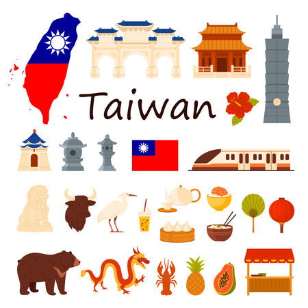 Travel to Taiwan set with title. Map with Taiwanese flag and hibiscus, Confucius Temple and Taipei tower, ancient pagoda and street market food, red lantern and dragon cartoon vector illustrationのイラスト素材