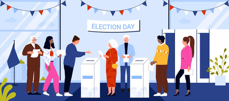 Election day, democratic referendum, government voting process, politics. People vote, diverse group of young and old characters standing in line to put paper ballot in box cartoon vector illustrationのイラスト素材