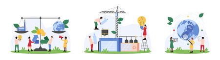 Carbon credit project set. Tiny people measure balance between CO2 emissions and planet Earth on scales, recycle plastic waste at recycling plant, analyze climate change cartoon vector illustrationのイラスト素材