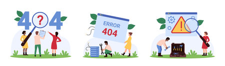 Error 404, page not found set. Tiny people repair lost network connection and broken wires, research warning text and exclamation point message with magnifying glass cartoon vector illustrationのイラスト素材