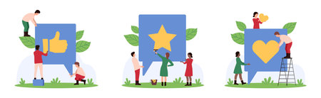 Customer feedback, clients satisfaction of best product quality set. Tiny people give gold star, heart and thumbs up inside speech bubble of comment, questionnaire report cartoon vector illustrationのイラスト素材