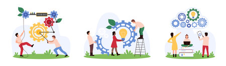 Business process, idea innovation set. Tiny people move mechanism or engine together, connect light bulb and cogwheel, work online with cloud storage full of gears cartoon vector illustrationのイラスト素材