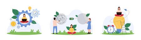 Business productivity development, wellbeing with yoga set. Tiny people sitting on light bulb and inside gear with laptop, connect chaos of wires and order through battery cartoon vector illustrationのイラスト素材