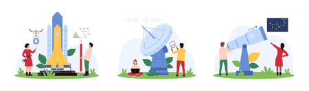 Space research and exploration, astronomy set. Tiny people launch rocket with astronauts expedition into outer space, use parabolic antenna and telescope of observatory cartoon vector illustrationのイラスト素材