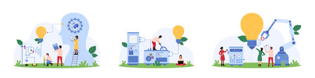 Idea creation with AI, generative artificial intelligence set. Tiny people and robot build light bulb, connect lamp and digital brain, scientists work with lab machine cartoon vector illustrationのイラスト素材