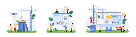 Webpage development, content management set. Tiny people and construction crane create website interface, control options using gears and sliders, upload files to trash bin cartoon vector illustrationのイラスト素材