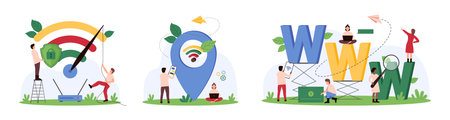 High speed wireless connection, navigation and WWW internet URL set. Tiny people pull speedometer arrow to boost 5G network signal, share video and location pointer cartoon vector illustrationのイラスト素材