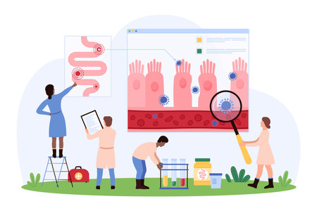 Diagnosis and treatment of leaky gut, disease of epithelium cells of digestive tract. Tiny people research bad intestinal barrier, permeability with magnifying glass cartoon vector illustrationのイラスト素材