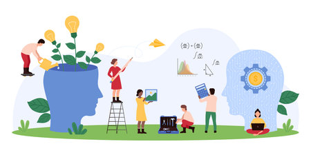 Development of creative thinking, new ideas with AI support, artificial intelligence. Tiny people grow light bulb plants inside human head with help of virtual assistant cartoon vector illustrationのイラスト素材