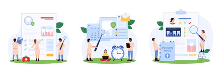 Dental services, dentistry examination in hospital set. Tiny people with magnifying glass and...
