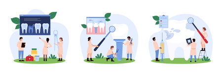 Dental checkup and treatment by dentist set. Tiny people check giant sick rotten tooth of patient for caries and plaque before extraction and implant placement procedure cartoon vector illustrationのイラスト素材