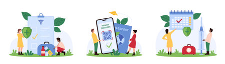 Medical insurance, health passport, vaccination calendar set. Tiny people check policy document for life protection, plan vaccine dose and control airport pass certificate cartoon vector illustrationのイラスト素材