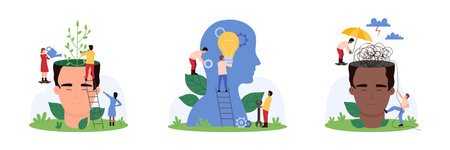 Counseling, psychology therapy and empathy set. Tiny people grow plants and put light bulb, untangle confusion and protect emotions with umbrella inside human head cartoon vector illustrationのイラスト素材