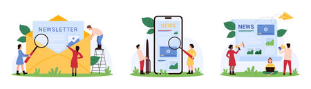 Newsletters, email registration set. Tiny people study letter in envelope, news feed on smartphone screen with magnifying glass, advertising blog content with megaphone cartoon vector illustrationのイラスト素材