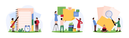 Strategic business plan research set. Tiny people study documents in folder with magnifying glass, holding pen to write in notebook, and paper notes for board presentation cartoon vector illustrationのイラスト素材