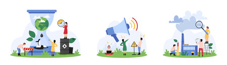 Awareness of planet air and water pollution, global warming set. Tiny people study cloud of...