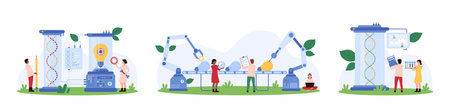 Research in science, creation of smart projects using AI set. Tiny people and robots create light bulbs on conveyor belt, connect lamp with circuit and DNA in lab equipment cartoon vector illustrationのイラスト素材