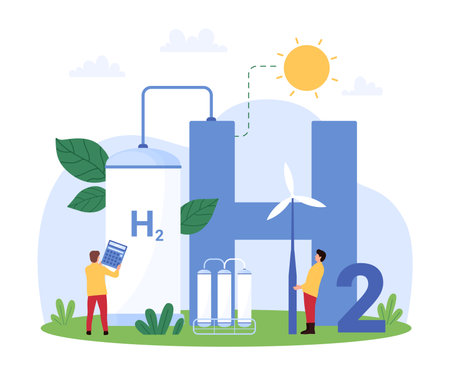 Vector illustration of tiny people developing and researching hydrogen fuel technology, highlighting sustainable energy solutions, environmental benefits, and scientific innovation.のイラスト素材