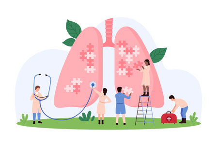 Vector illustration of tiny people ensuring lung health with puzzle pieces, emphasizing medical care, treatment, respiratory health, and healthcare intervention.のイラスト素材