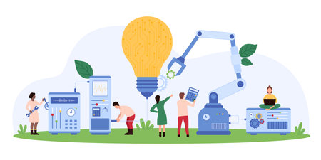 Vector illustration of tiny people working on a project with advanced technology, machinery, and innovation, highlighting futuristic development and teamwork in a technological setting.のイラスト素材