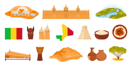 Travel to Mali infographic set, culture elements, food and landmarks, flag and map. Great Mosque of Djenne, Niger River and savanna landscape with elephants, clay huts cartoon vector illustrationのイラスト素材