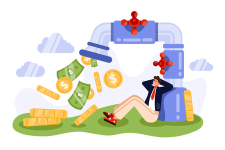 Passive income for financial freedom, saving money. Tiny happy businessman or investor lying under faucet with stream flow of rain with cash dollar coins and bills cartoon vector illustrationのイラスト素材