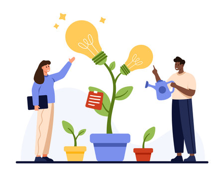 A woman joyfully interacts with a light bulb plant as a man waters it, symbolizing the nurturing of innovation and creativity, representing growth and development in a vector illustrationのイラスト素材