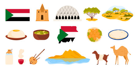 Travel to Sudan set, Sudanese culture elements and food, flag, nature landscapes. Mosque of two Niles, savanna and desert landscape, Asida and Mullah in bowl, Falafel balls cartoon vector illustrationのイラスト素材