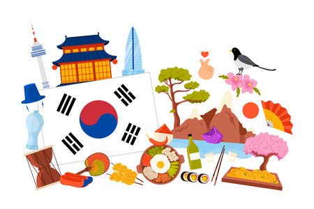 South Korea culture elements, tourist attractions and food in infographic poster collage. Liancourt Rocks landscape and Gyeongbokgung palace, bibimbap, finger heart cartoon vector illustrationのイラスト素材