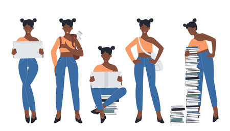 Afro female student poses with books and tablet, isolated vector illustrationのイラスト素材
