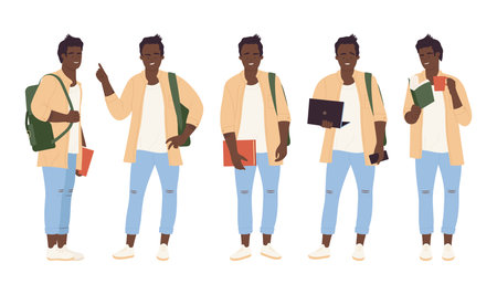 African American male student in various poses with books and laptop, isolated vector illustrationのイラスト素材