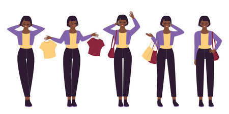 Afro young girl poses with different outfits, isolated on white background vector illustrationのイラスト素材