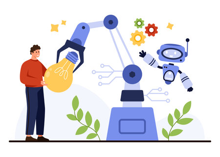 Modern automation concept showing robotic arm, human holding lightbulb, friendly robot, gears, and plants on isolated white background for innovation and technology topics vector illustrationのイラスト素材