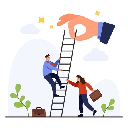 Businessman and businesswoman climbing career ladder with helping hand symbolizing employee support, growth, promotion, teamwork, success, isolated on white background vector illustrationのイラスト素材