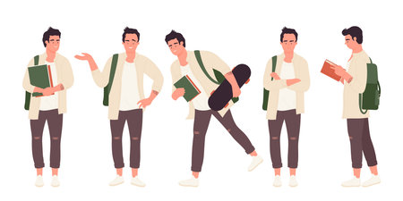 Young male student in casual outfit holding books and backpack in various standing poses on white background perfect for education youth lifestyle concepts isolated vector illustrationのイラスト素材