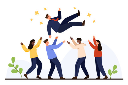 Diverse team tossing successful businessman in air symbolizing achievement, motivation, teamwork, leadership, and recognition on white isolated background vector illustrationのイラスト素材