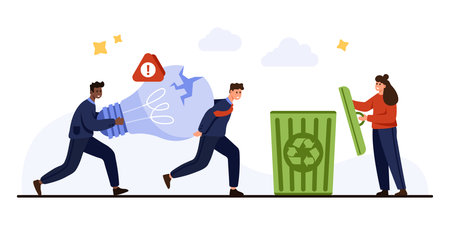 Business people carrying shattered light bulb with warning symbol toward recycling bin, symbolizing declined ideas, creative failure, and innovation process isolated on white background vector illustrationのイラスト素材