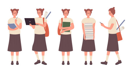 Smart nerd girl in glasses holding books, laptop, and phone in various poses, perfect for education, school, or academic concepts isolated on white background vector illustrationのイラスト素材