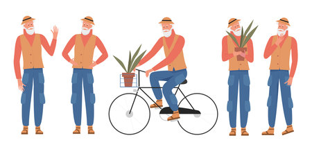 Senior man in hat and vest shown waving, thinking, riding bicycle, and holding plant, perfect for lifestyle, retirement, or gardening concepts isolated on white background vector illustrationのイラスト素材