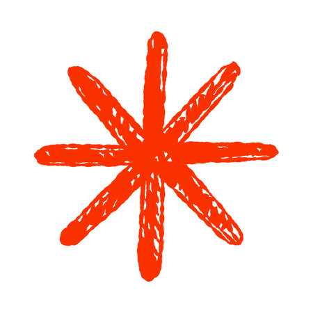 Bold abstract red star shape with rough hand drawn texture on isolated white background vector...