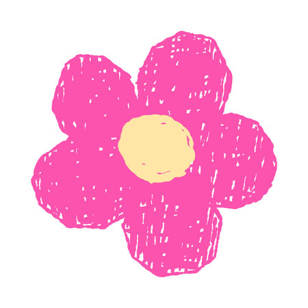 Hand drawn pink flower with yellow center in a child drawing style isolated vector illustrationのイラスト素材